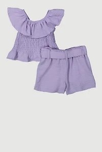 Baby Girls 12-24M Airy Ruffle Overlay Smocked Top and Belted Shorts, Purple, Size 24M