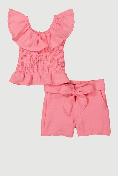 Baby Girls 12-24M Airy Ruffle Overlay Smocked Top and Belted Shorts,