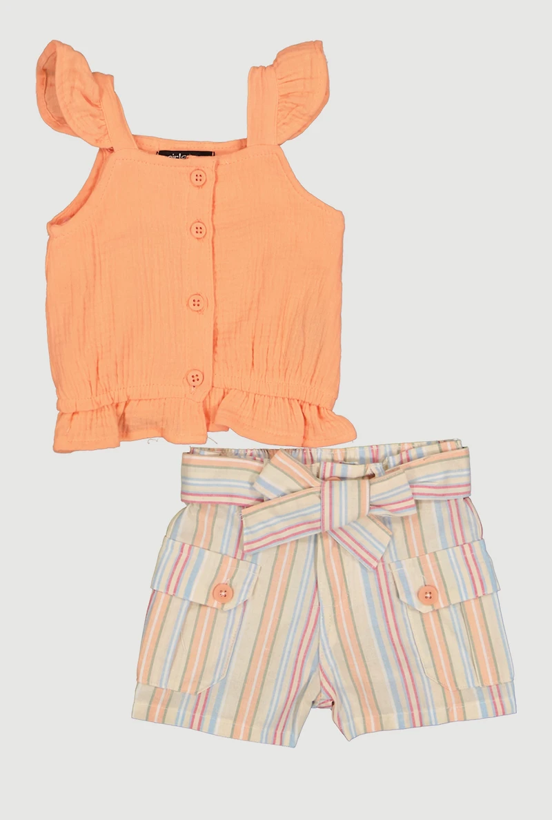 Baby Girls 12-24M Gauze Knit Top and Striped Tie Waist Belted Shorts