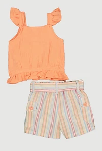 Baby Girls 12-24M Gauze Knit Top and Striped Tie Waist Belted Shorts