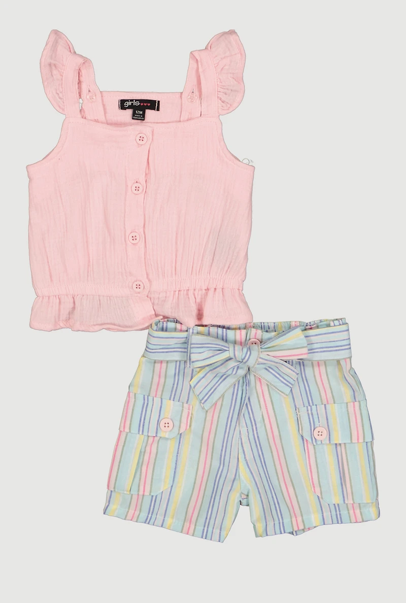 Baby Girls 12-24M Gauze Knit Top and Striped Tie Waist Belted Shorts