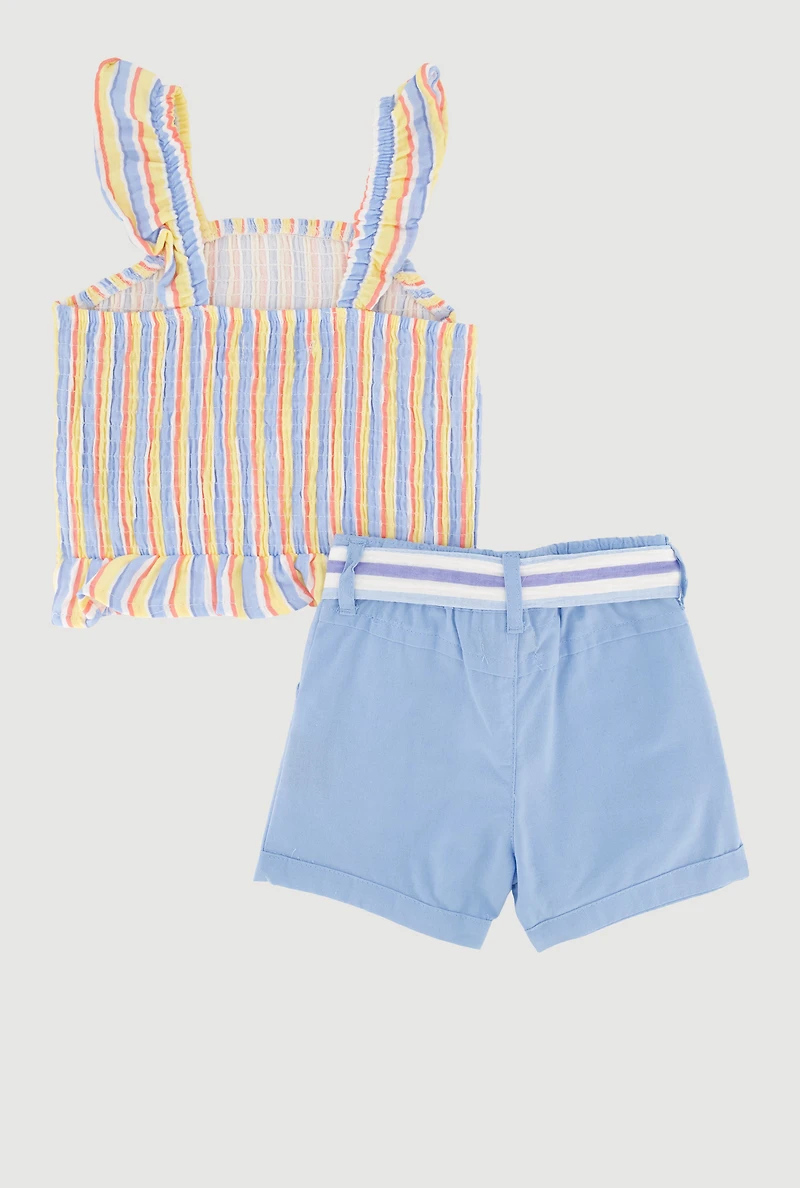 Baby Girls 12-24M Striped Smocked Top and Tie Waist Belted Cargo Shorts