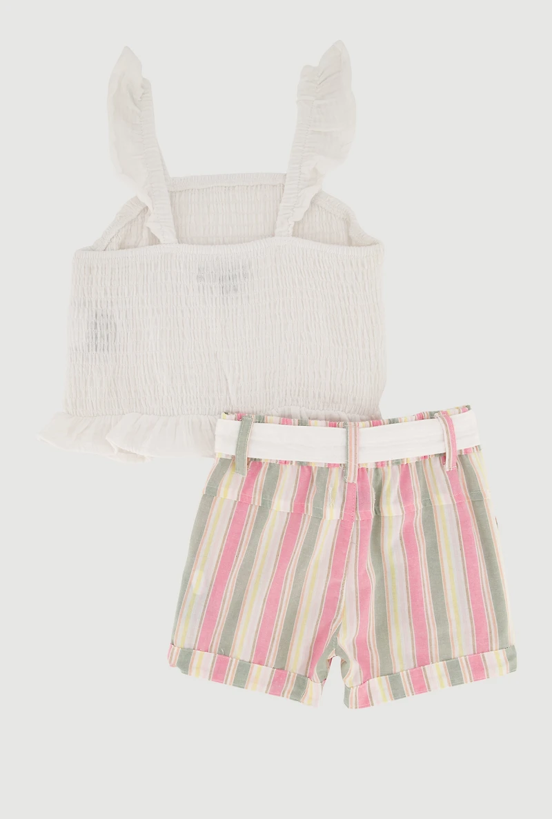 Baby Girls 12-24M Smocked Top and Tie Waist Belted Striped Shorts