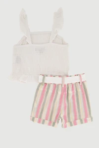 Baby Girls 12-24M Smocked Top and Tie Waist Belted Striped Shorts