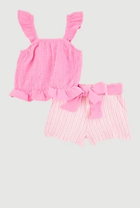 Baby Girls 12-24M Ruffled Smocked Top and Striped Shorts, Pink, Size 18M