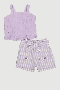 Baby Girls 12-24M Gauze Knit Smocked Top and Tie Waist Belted Shorts