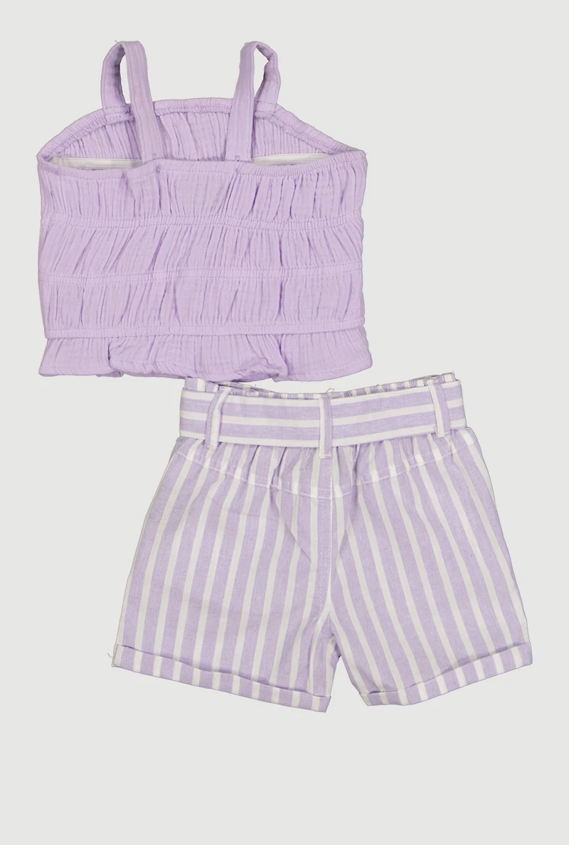 Baby Girls 12-24M Gauze Knit Smocked Top and Tie Waist Belted Shorts