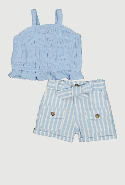 Baby Girls 12-24M Gauze Knit Smocked Top and Tie Waist Belted Shorts