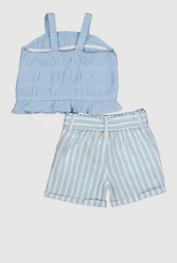 Baby Girls 12-24M Gauze Knit Smocked Top and Tie Waist Belted Shorts