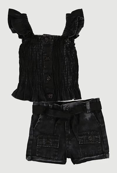Baby Girls 12-24M Acid Wash Smocked Top and Tie Waist Belted Cargo Shorts
