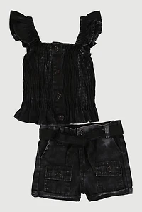 Baby Girls 12-24M Acid Wash Smocked Top and Tie Waist Belted Cargo Shorts
