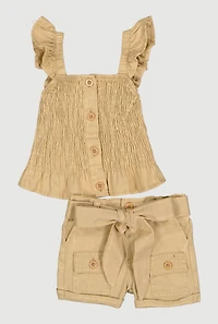 Baby Girls 12-24M Acid Wash Smocked Top and Tie Waist Belted Cargo Shorts