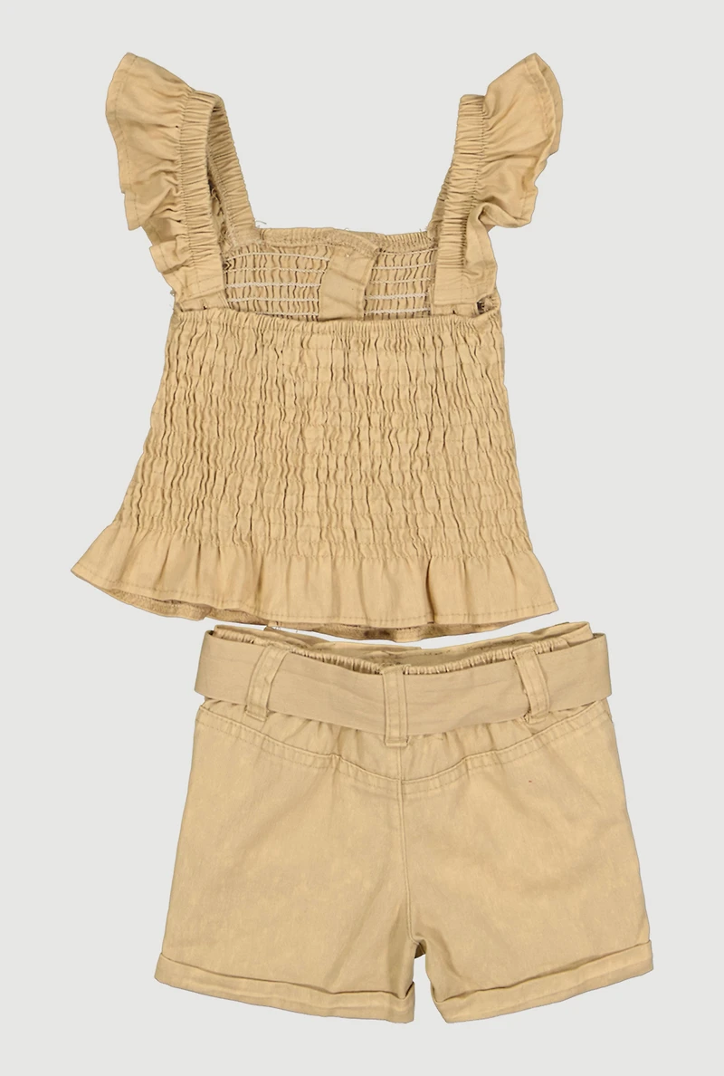 Baby Girls 12-24M Acid Wash Smocked Top and Tie Waist Belted Cargo Shorts