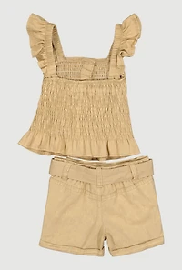 Baby Girls 12-24M Acid Wash Smocked Top and Tie Waist Belted Cargo Shorts