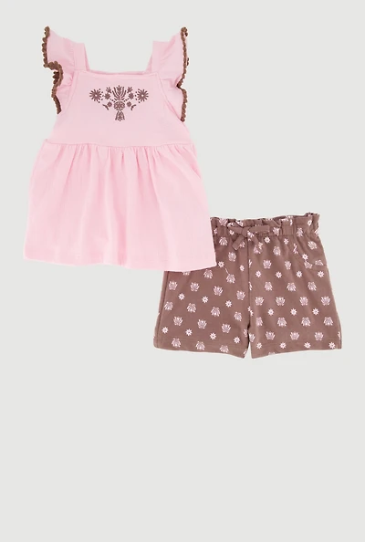 Baby Girls 12-24M Flower Print Flutter Sleeve Top and Shorts