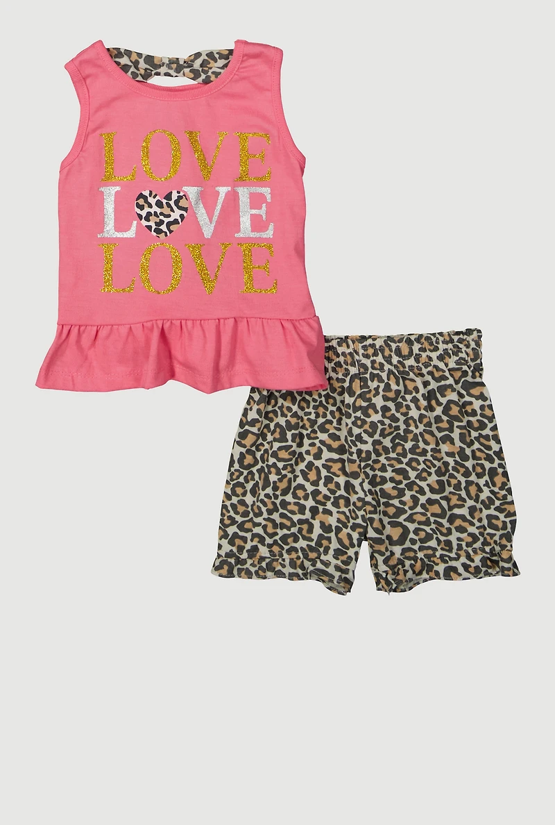 Baby Girls 2-Piece Glitter Graphic Top and Shorts Set