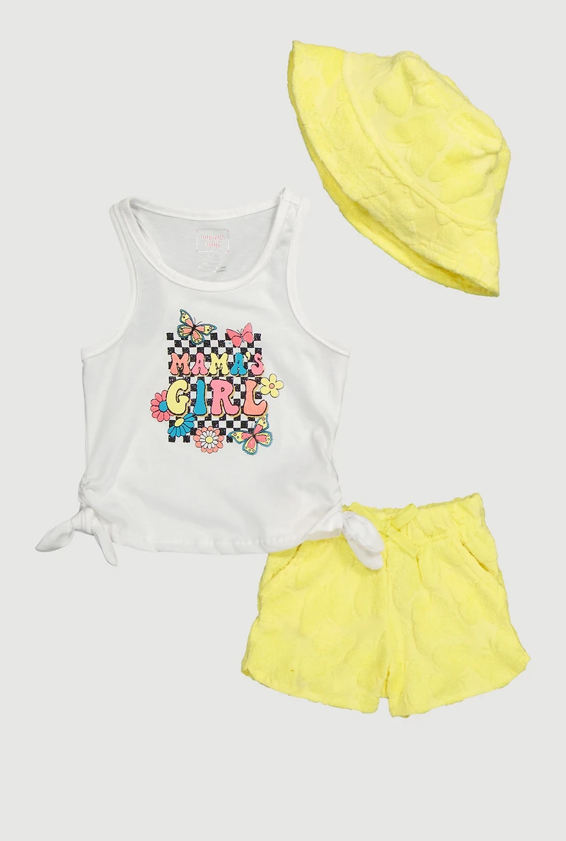 Baby Girls 12-24M Mamas Girl Tee and Terry Cloth Shorts with Hat, Yellow, Size 12M