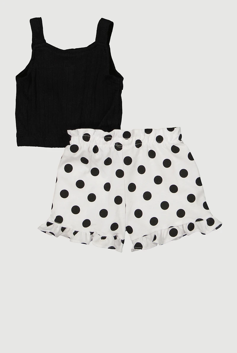 Baby Girls 12-24M Button Front Tank Top and Polka Dot Shorts, Black, Size 24M