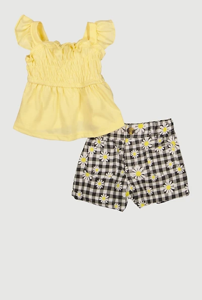 Baby Girls 12-24M Smocked Top and Floral Gingham Print Shorts