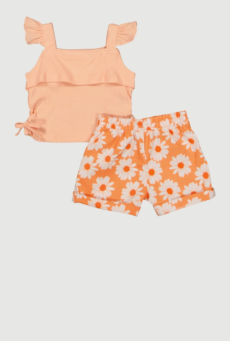 Baby Girls 12-24M Ribbed Knit Sleeveless Top and Floral Shorts, Orange, Size 18M