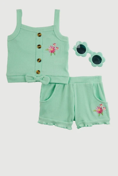 Baby Girls 12-24M Embroidered Rib Knit Tank Top and Shorts,