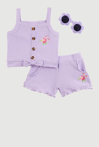Baby Girls 12-24M Embroidered Rib Knit Tank Top and Shorts, Purple, Size 24M