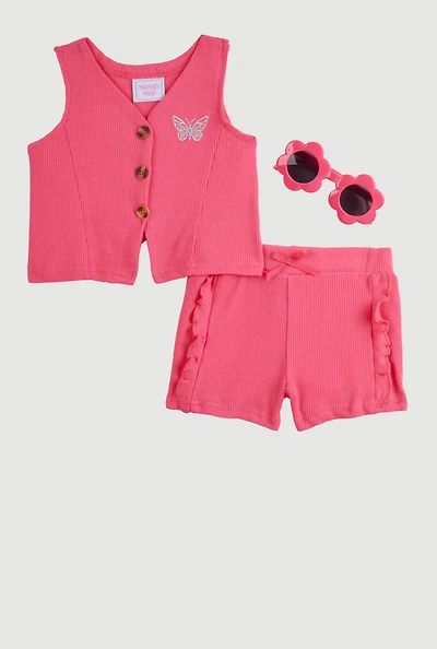 Baby Girls 12-24M Butterfly Vest and Shorts with Sunglasses, Pink, Size 12M