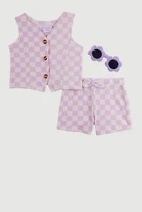 Baby Girls 12-24M Checkered Vest and Shorts with Sunglasses
