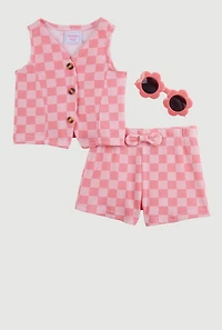 Baby Girls 12-24M Checkered Vest and Shorts with Sunglasses, Pink, Size 24M