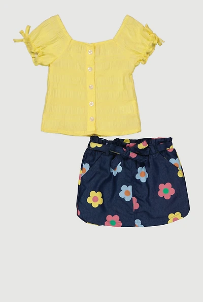 Baby Girls 12-24M Smocked Top and Floral Skirt with Tie Waist Belt