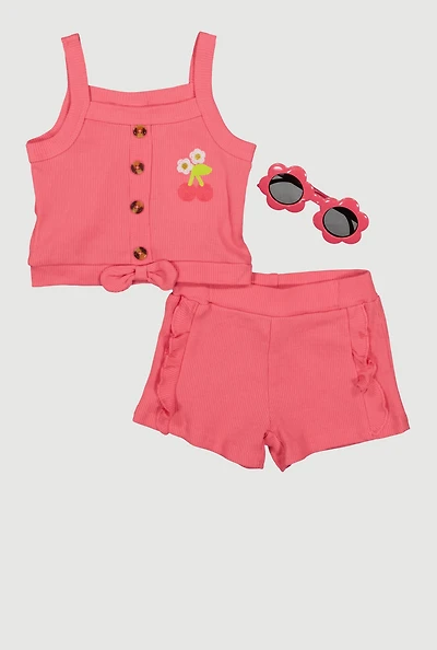 Baby Girls 12-24M Embroidered Cherry Tank Top and Shorts with Sunglasses