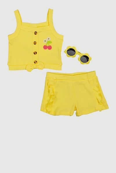 Baby Girls 12-24M Cherry Detail Sleeveless Top and Shorts with Sunglasses
