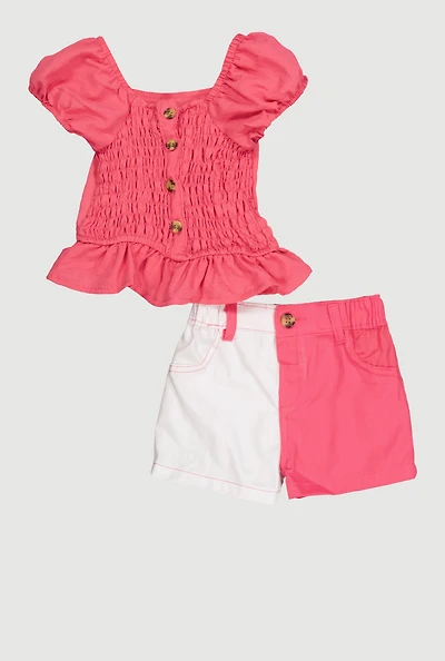 Baby Girls 12-24M Smocked Peasant Top and Color Block Shorts, Pink, Size 18M
