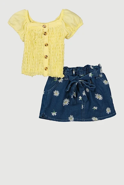 Baby Girls 12-24M Smocked Top and Floral Print Denim Skirt