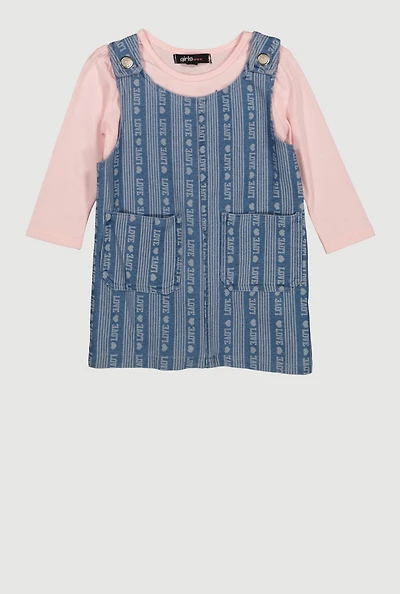 Baby Girls 12-24M Denim Overall Dress with Long Sleeve Top