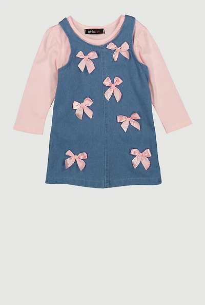 Baby Girls 12-24M Bow Overall Dress with Long Sleeve Top