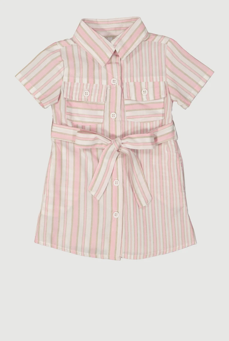 Baby Girls 12-24M Striped Tie Waist Belted Shirt Dress, Pink, Size 18M