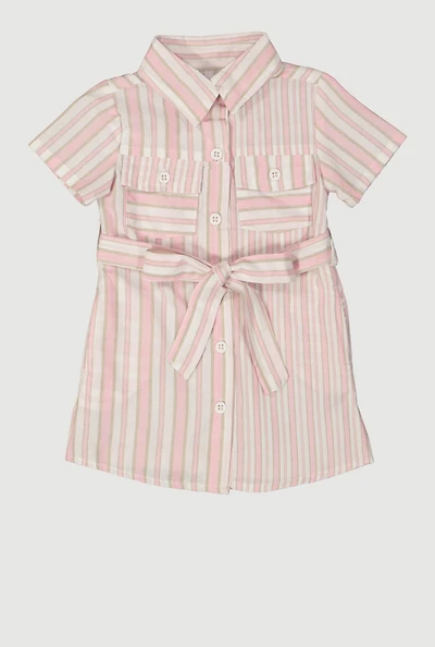 Baby Girls 12-24M Striped Tie Waist Belted Shirt Dress, Pink, Size 18M