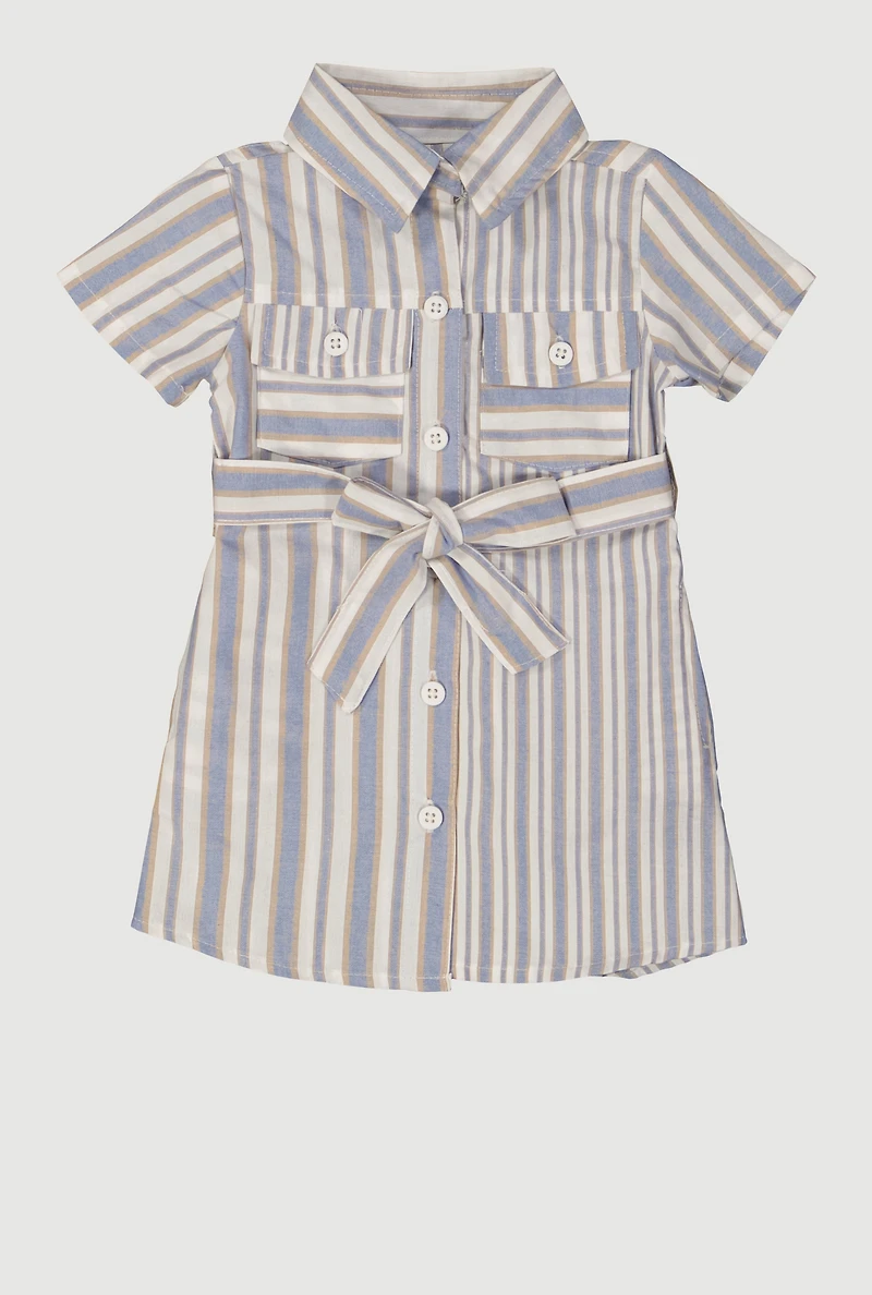 Baby Girls 12-24M Striped Tie Waist Belted Shirt Dress, Blue, Size 12M