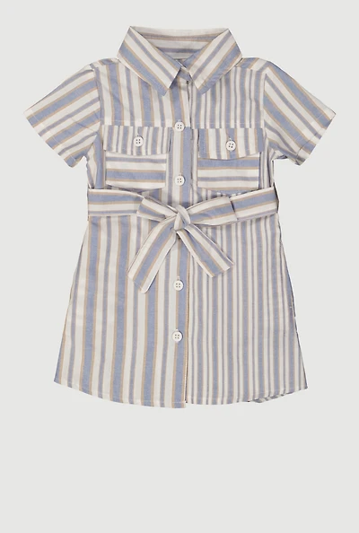 Baby Girls 12-24M Striped Tie Waist Belted Shirt Dress, Blue, Size 12M