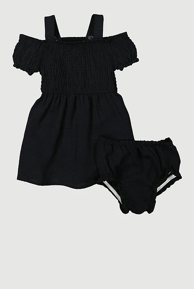 Baby Girls 12-24M Airy Smocked Cold Shoulder Dress, Black, Size 18M