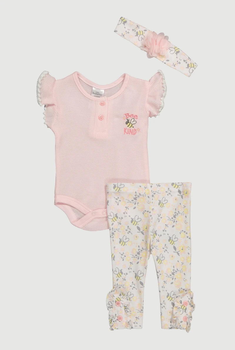 Baby Girls 0-9M Bee Bodysuit with Leggings and 3D Headband, Pink, Size 6-9M