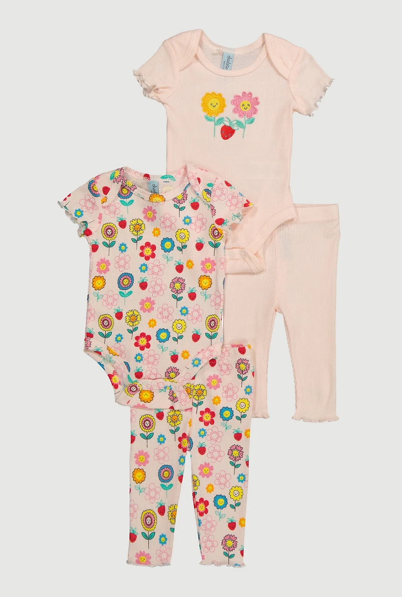 Baby Girls 0-9M Flower Bodysuit and Leggings 4 Piece Set, Multi, Size 0-3M