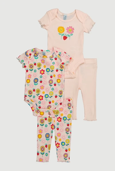 Baby Girls 0-9M Flower Bodysuit and Leggings 4 Piece Set, Multi, Size 0-3M