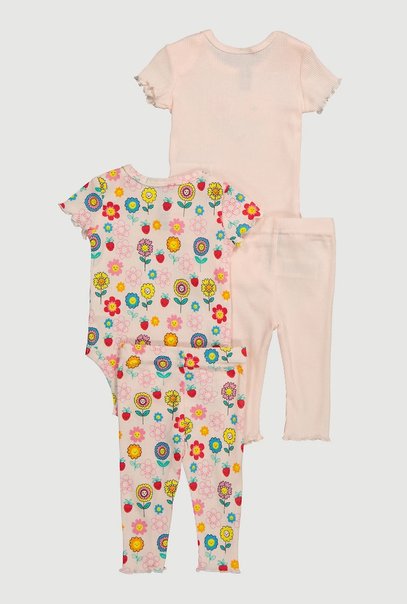 Baby Girls 0-9M Flower Bodysuit and Leggings 4 Piece Set, Multi,