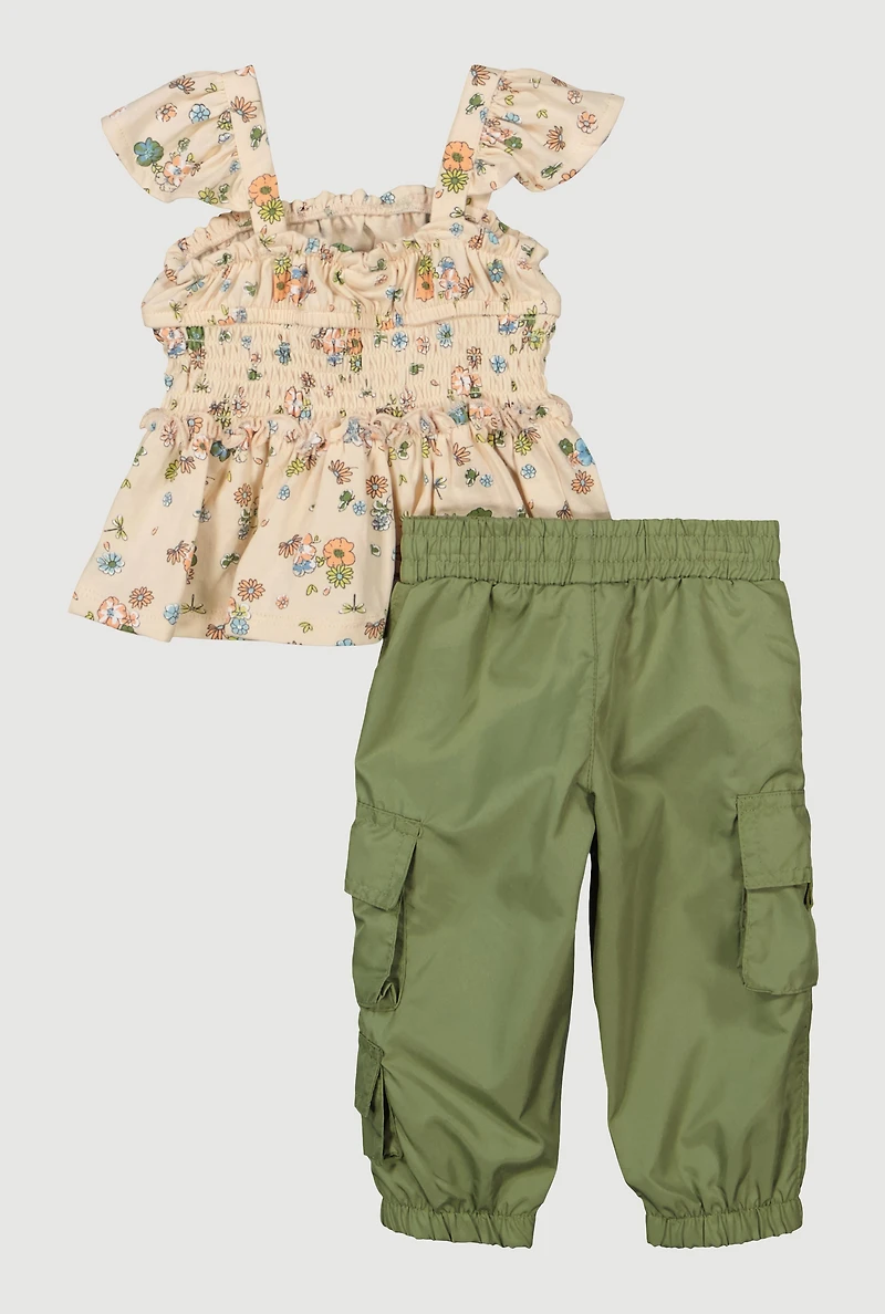 Baby Girls 0-9M Floral Print Peplum Top and Joggers, Green, Size 0-3M