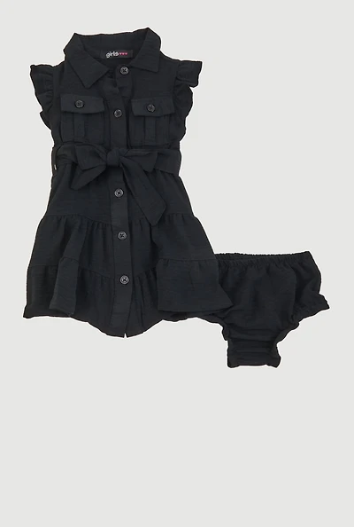 Baby Girls 0-9M Airy Tiered Shirt Dress with Bubble Shorts, Black, Size 3M