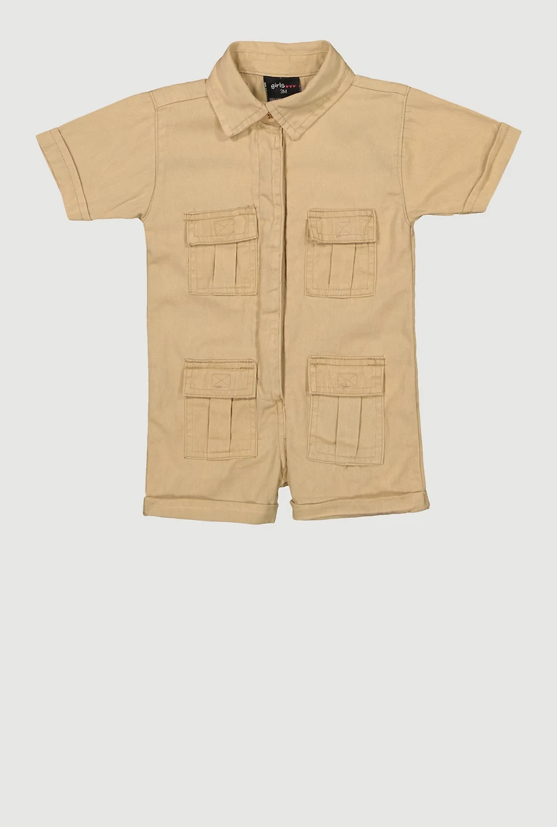 Baby Girls Twill Mineral Wash Utility Romper, Khaki, Size 24M