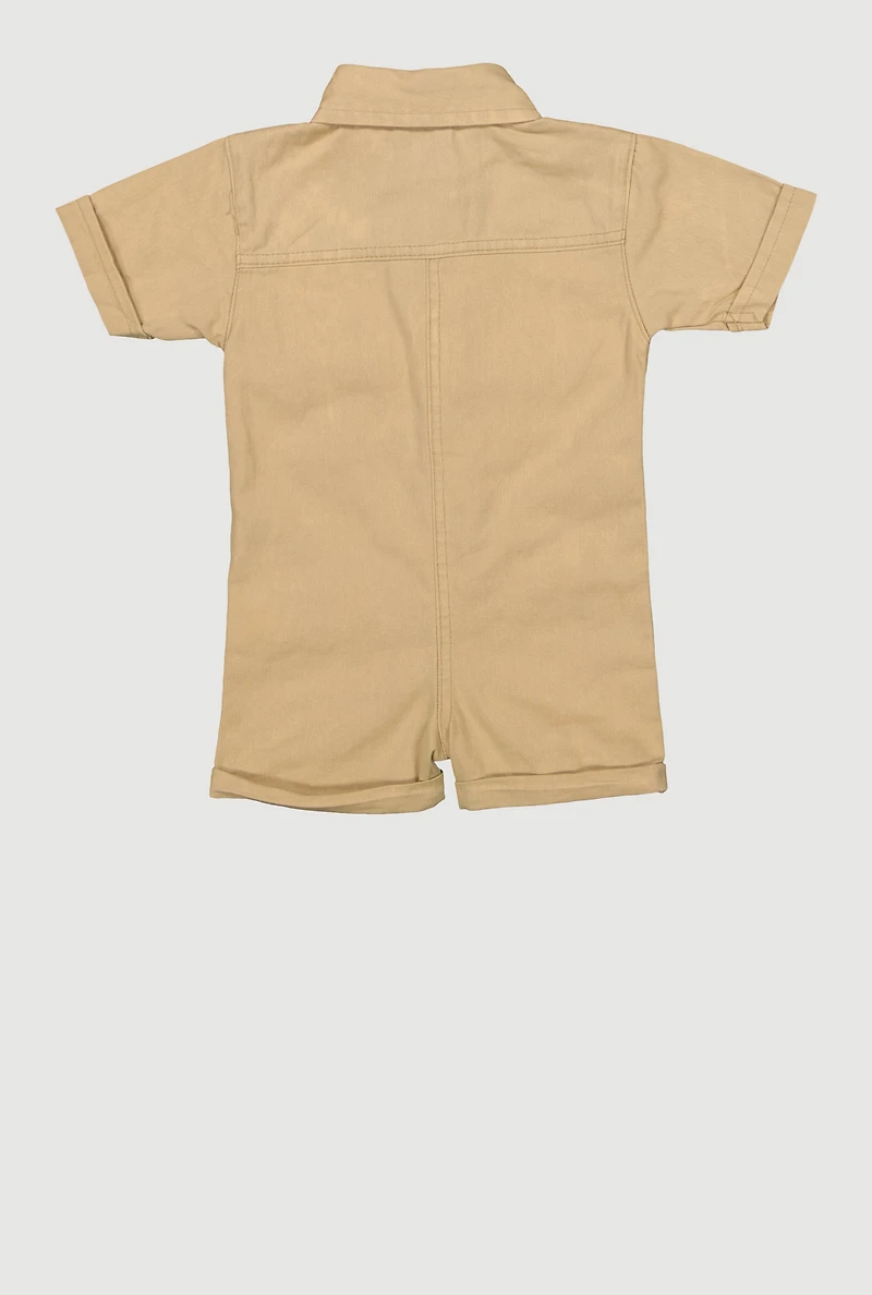 Baby Girls Twill Mineral Wash Utility Romper, Khaki, Size 24M