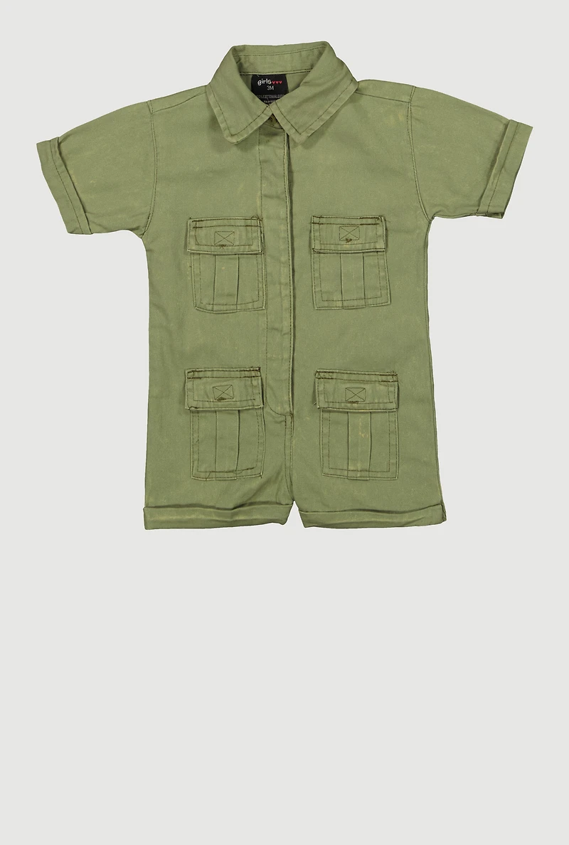 Baby Girls Twill Mineral Wash Utility Romper, Green, Size 3M